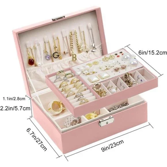 Jewelry Organizer 2 Layer Jewelry Storage Box PU Leather Soft Lining with Lock